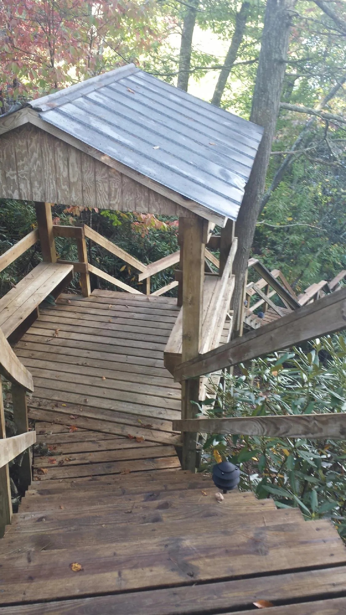 Metal roofed shelter over wooden steps on a wooded walkway — Skylight Repair & Installation work by our crew in Woodstown
